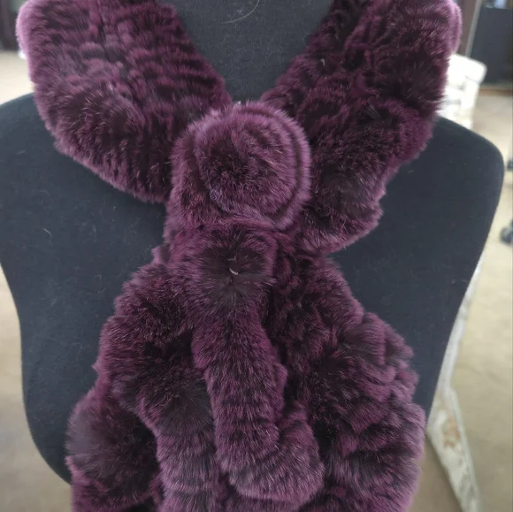 Purple Raspberry Rex Rabbit Fur Ruffle Scarf - Picture 2 of 3